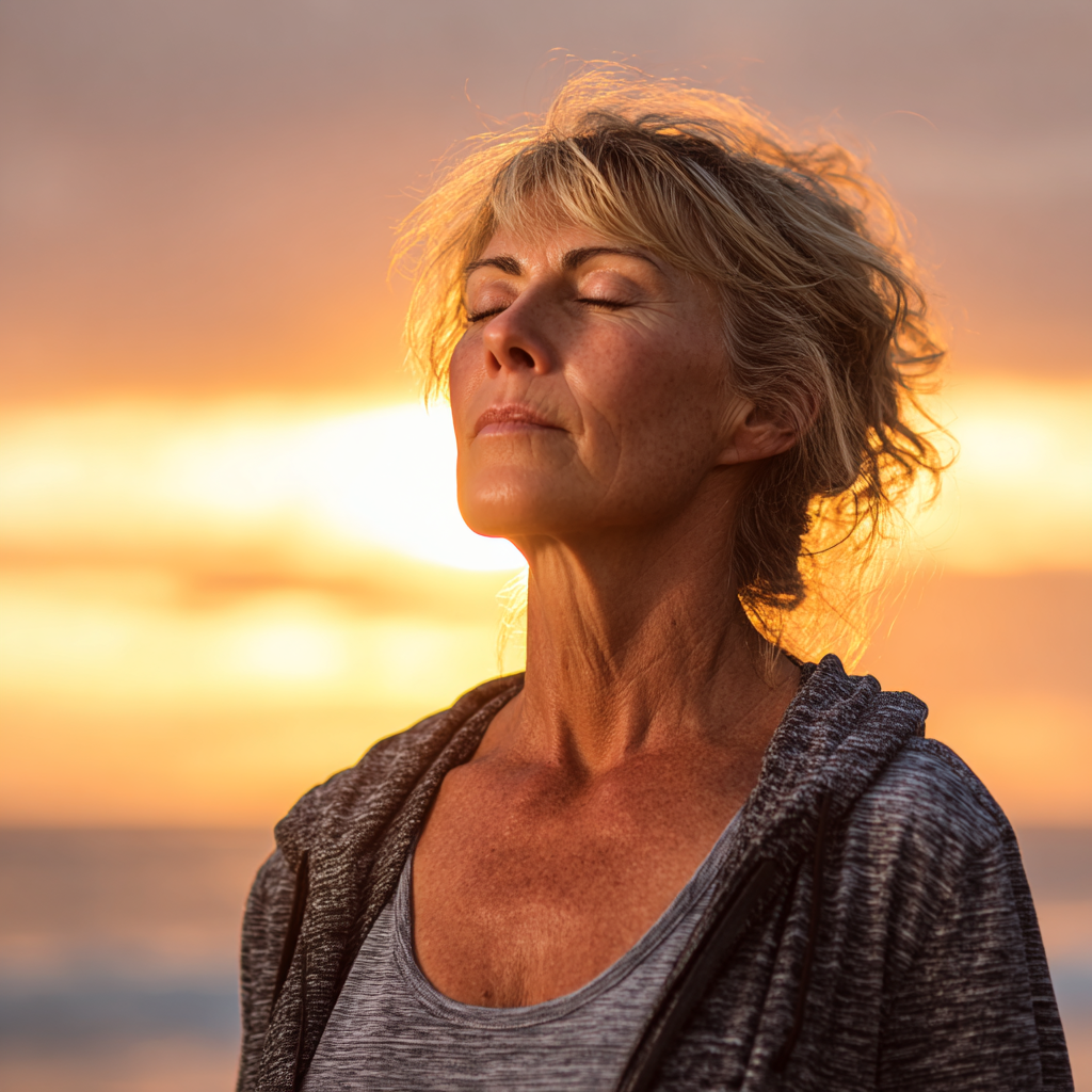 Mature woman practicing mindful breathing during sunset yoga session