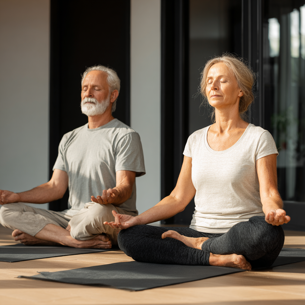 Senior man and middle-aged woman practicing gentle yoga poses together
